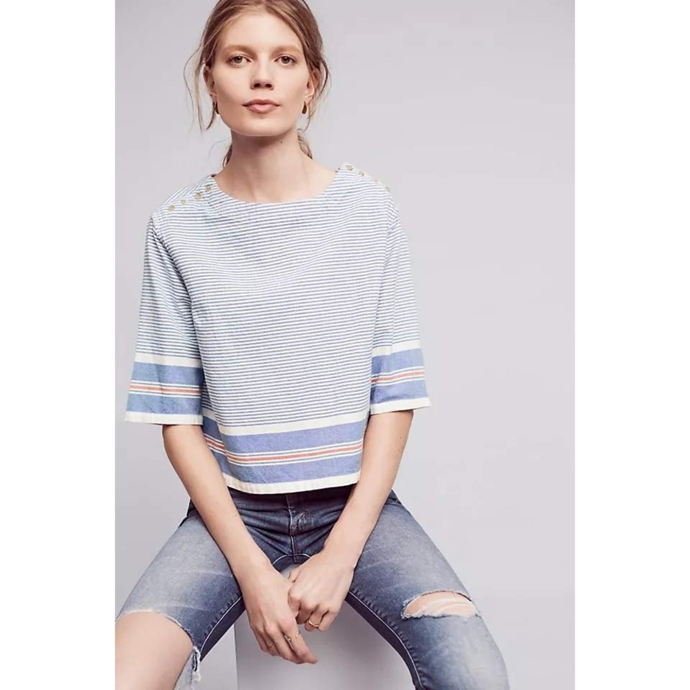 Maeve Anthropologie Sullivan Striped Top Boat Neck Boxy Crop Nautical Coastal